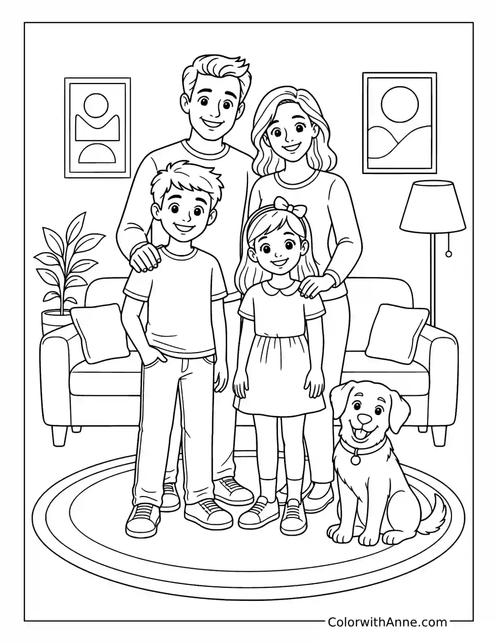 Family Portrait with a Pet Dog coloring page