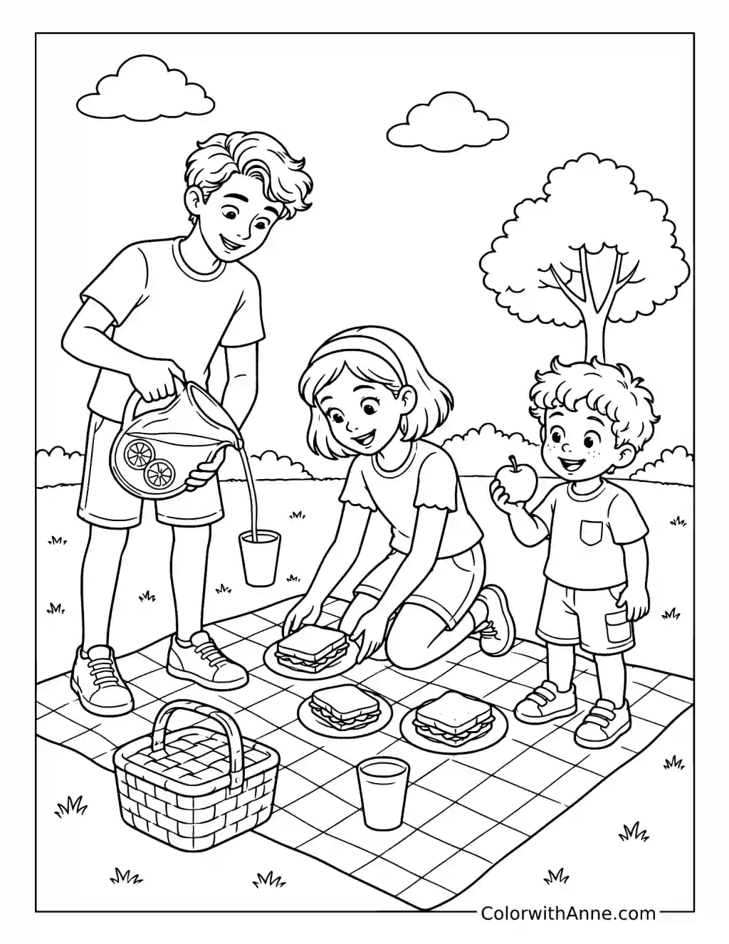 Family Preparing Sandwiches and Lemonade for a Picnic coloring page