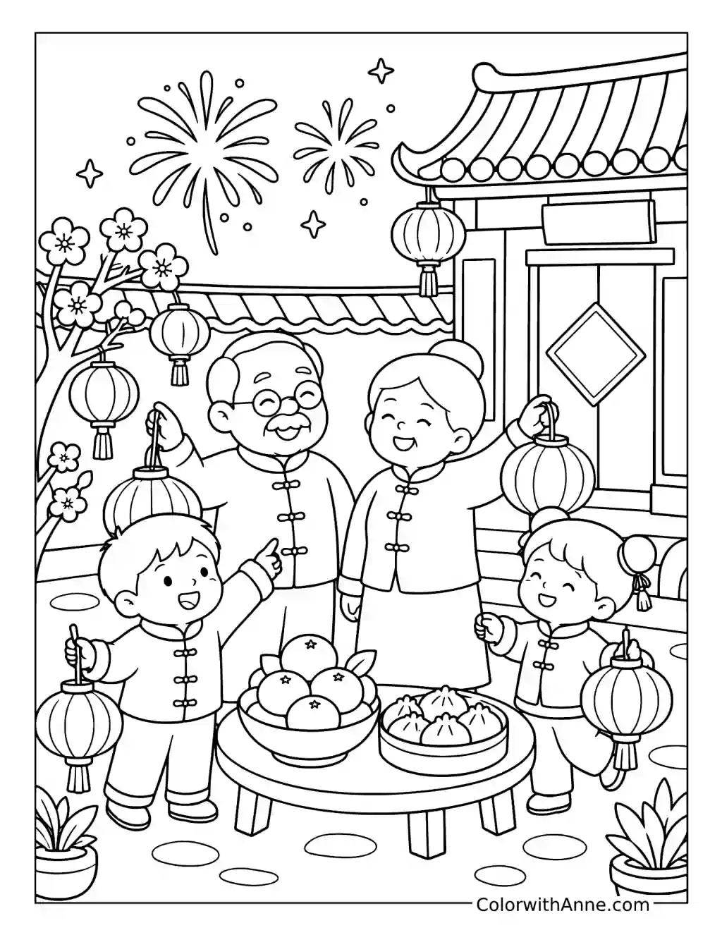 Family Reunion Under New Year Fireworks coloring page