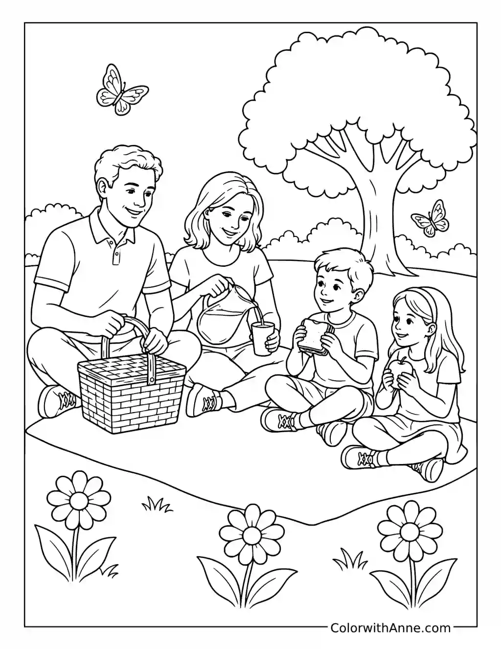 Family Sharing a Picnic beneath a Tree coloring page
