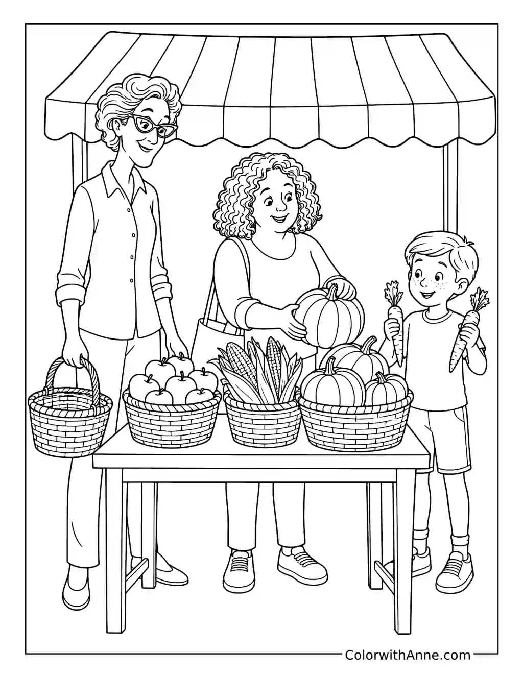 Family Shopping for Vegetables at a Farmers Market coloring page