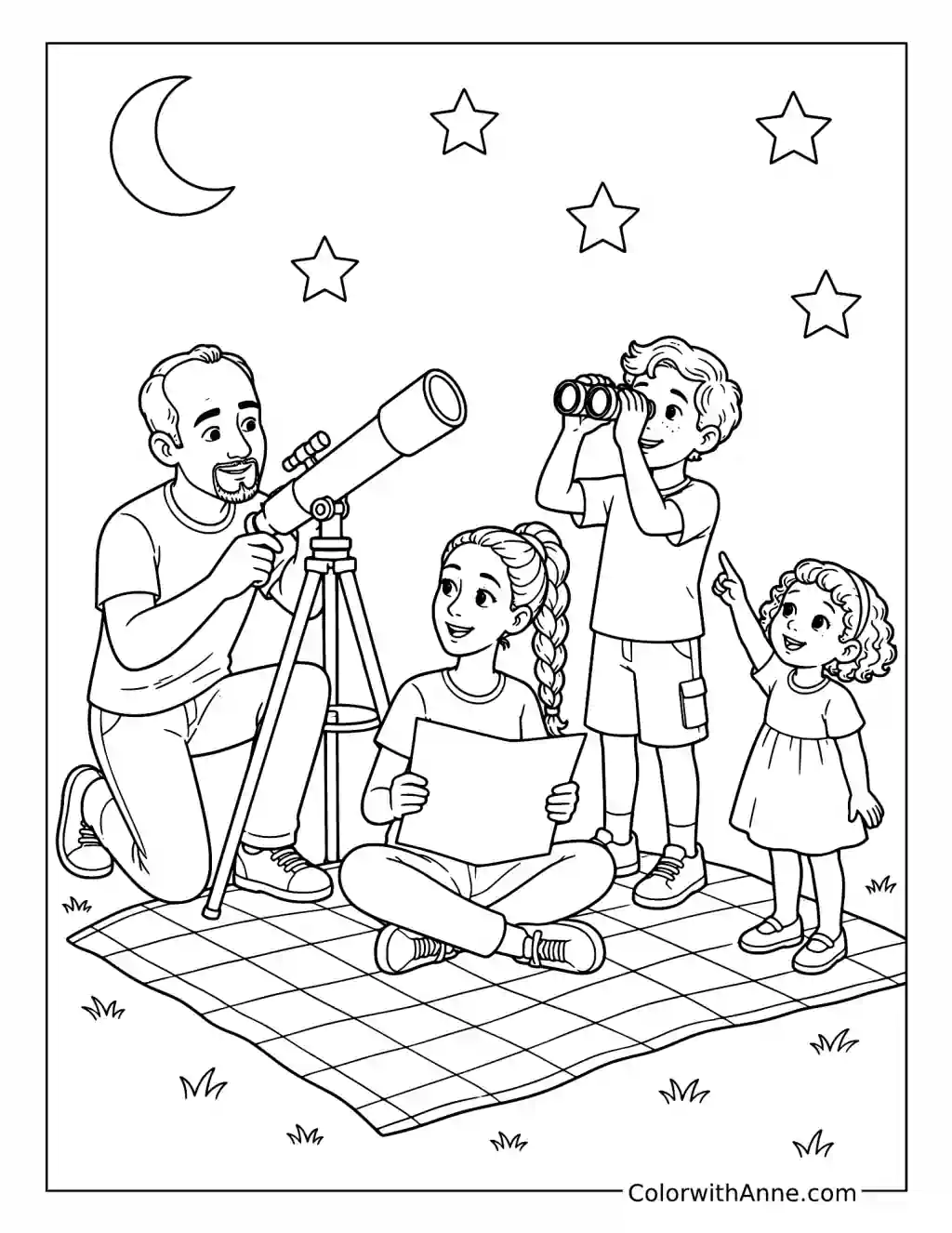Family Stargazing with a Telescope and Binoculars coloring page