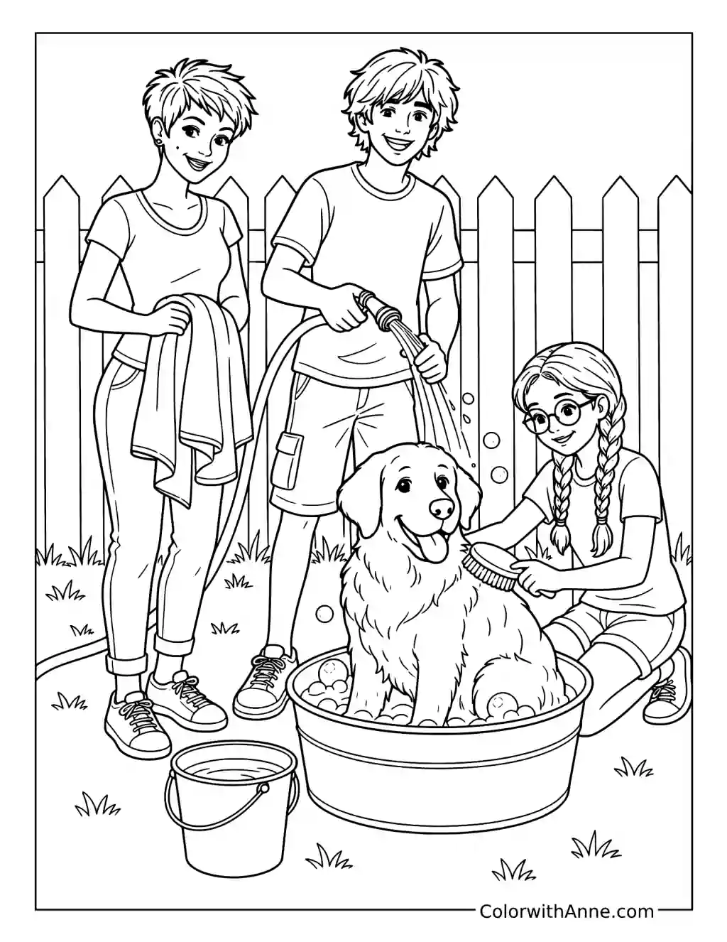 Family Washing a Dog in the Backyard coloring page