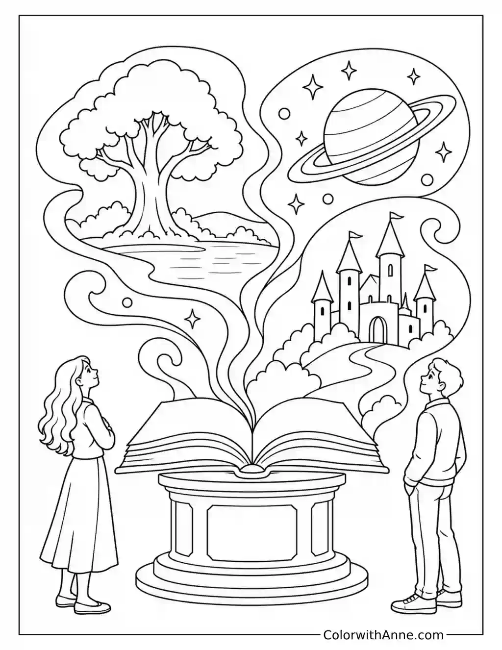 Fantasy Worlds Emerging from a Library Book coloring page
