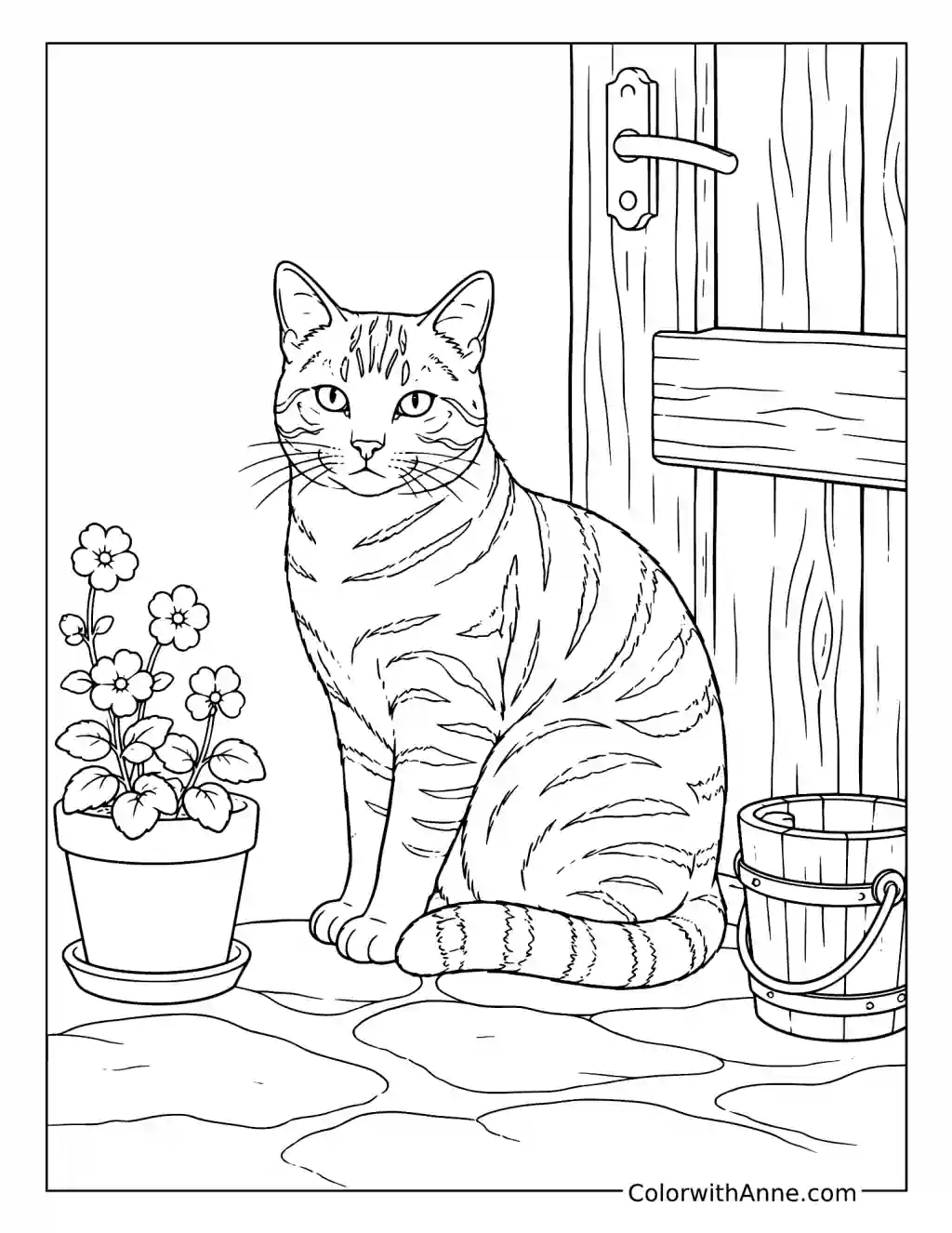 Farm Cat by a Rustic Wooden Door coloring page