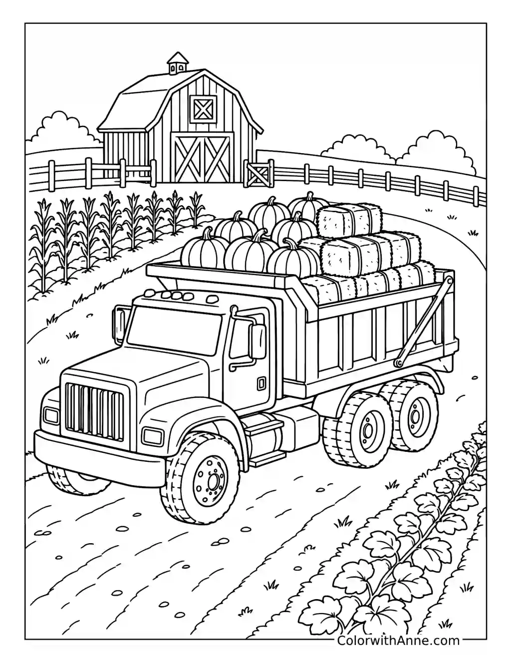 Farm Dump Truck Carrying Pumpkins and Hay coloring page