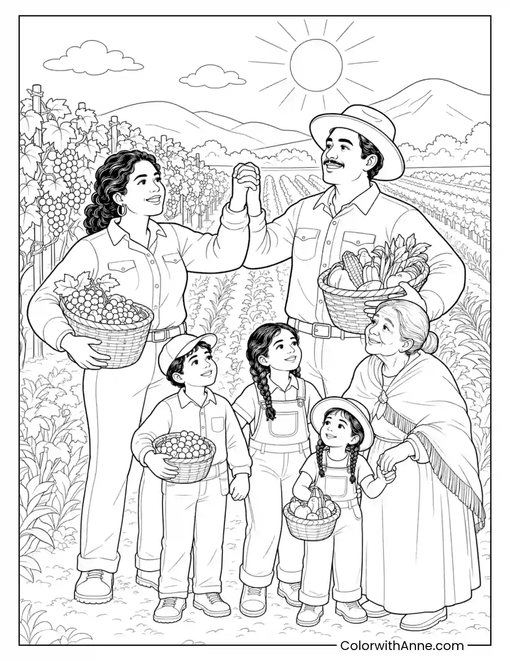 Farm Family with Produce Baskets coloring page