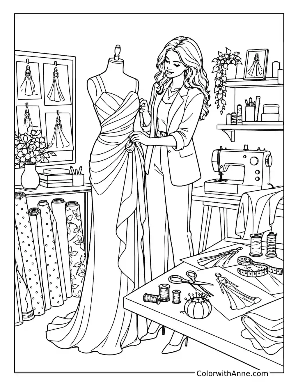 Fashion Designer Draping an Evening Dress coloring page