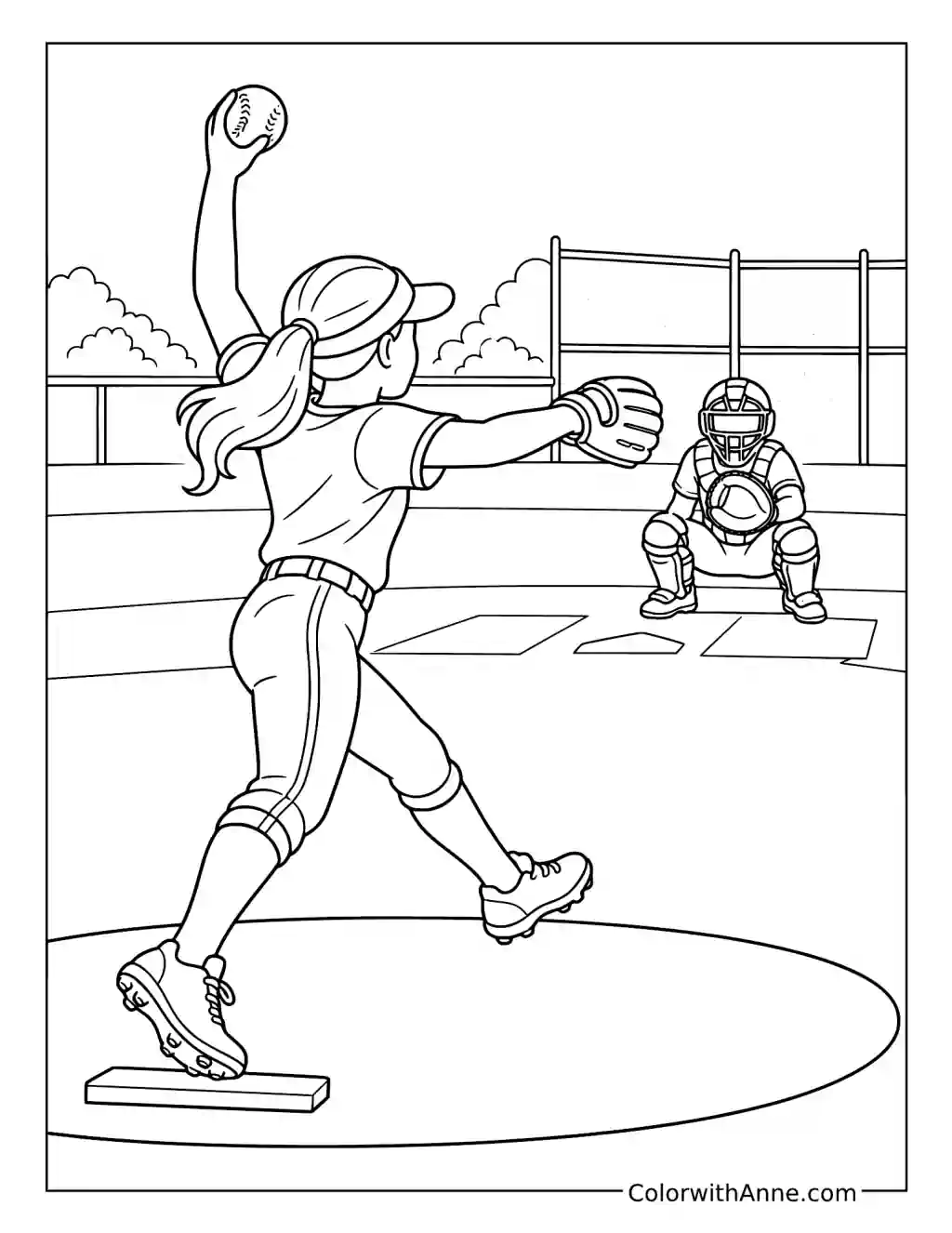 Fastpitch Pitcher in Full Windup coloring page