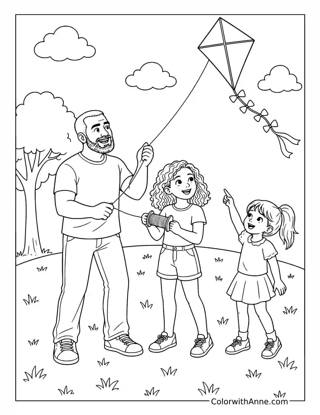 Father and Daughters Flying a Kite coloring page
