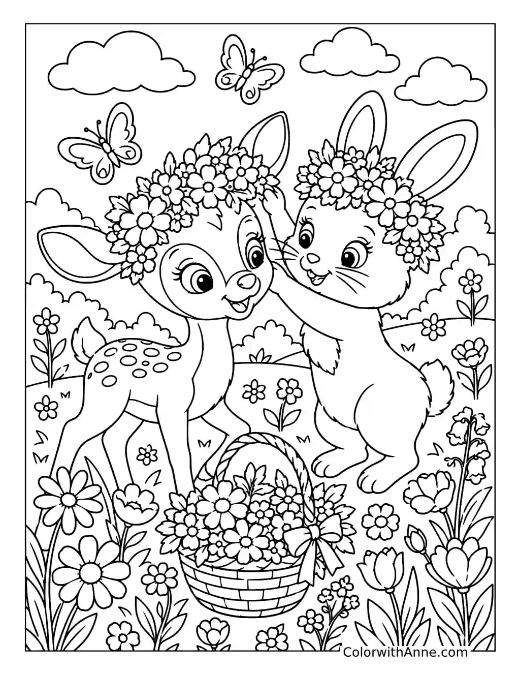 Fawn and Bunny Flower Crown coloring page