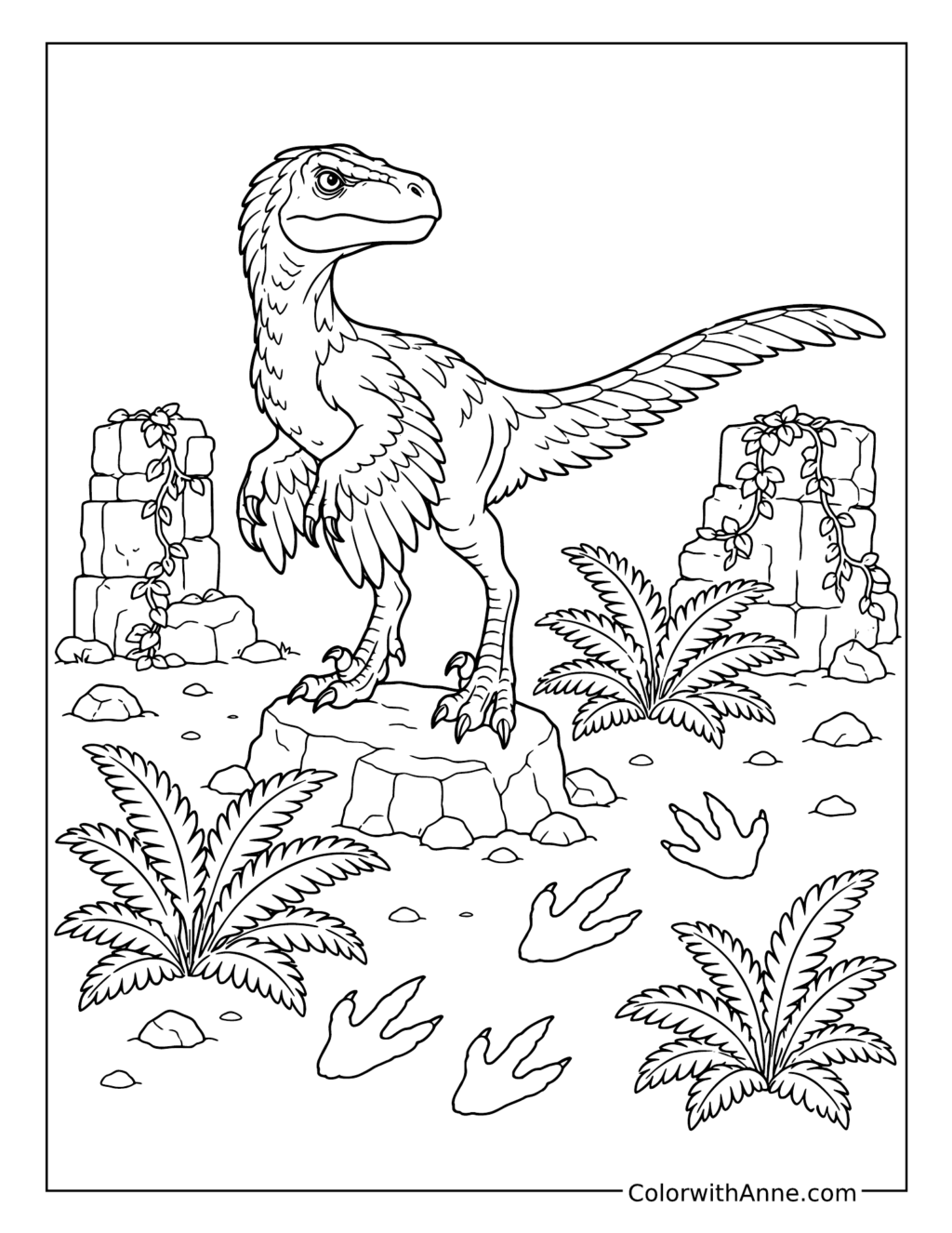 Feathered Raptor among Ruins coloring page