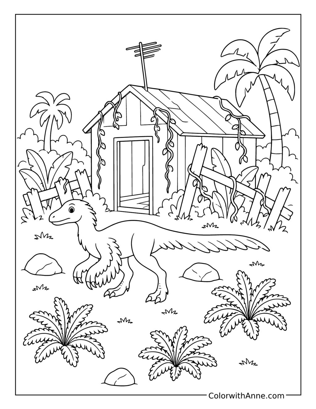 Feathered Raptor outside an Abandoned Hut coloring page