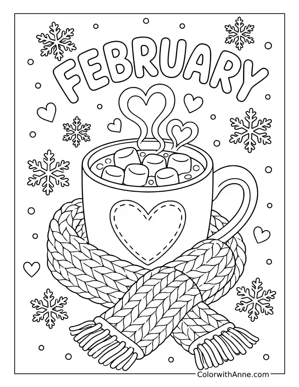 February Hot Cocoa Wrapped in a Knitted Scarf coloring page
