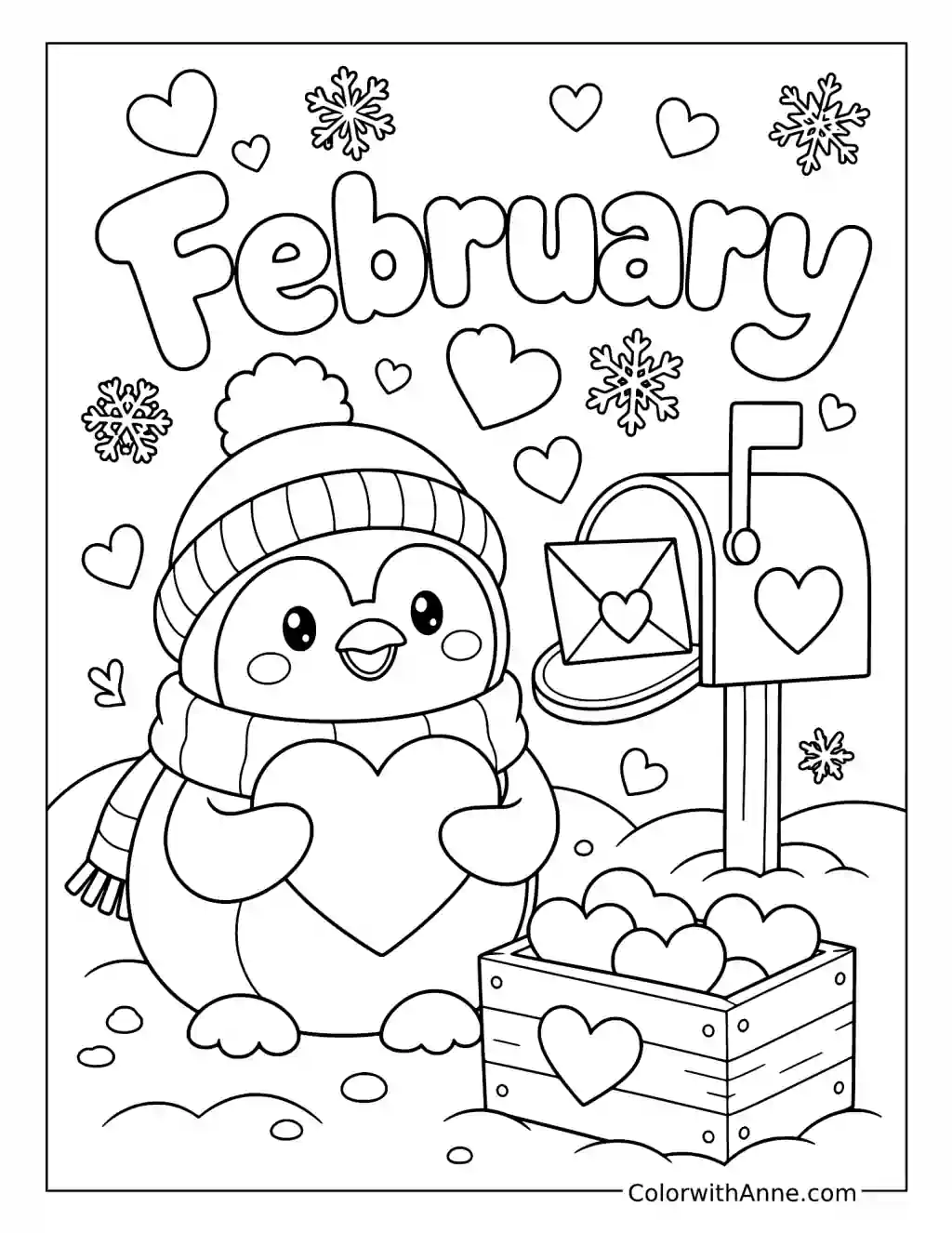 February Penguin Holding a Heart beside a Mailbox coloring page