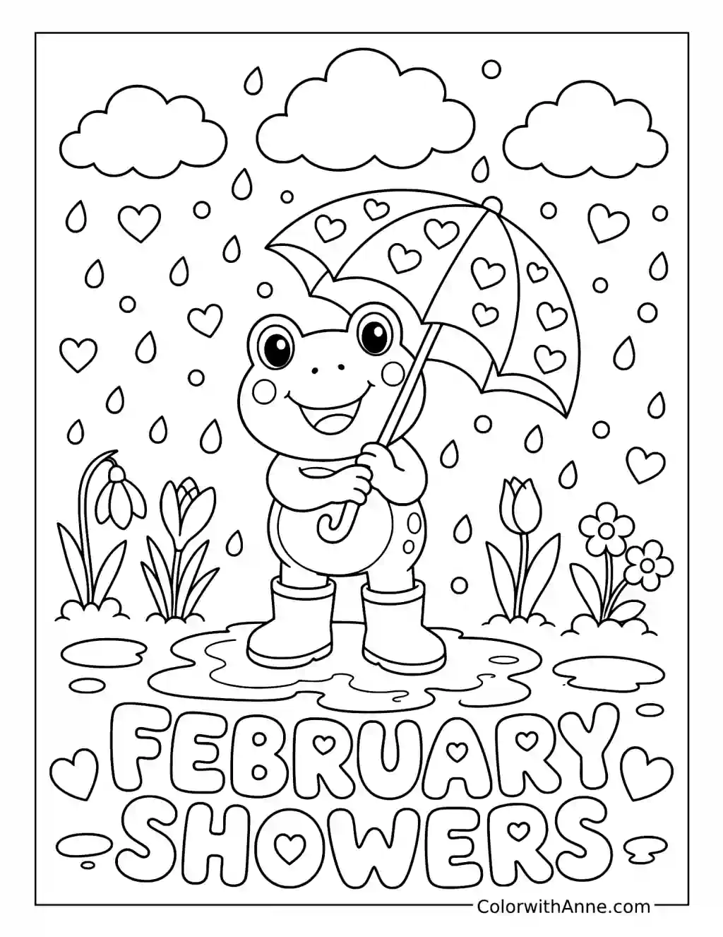 February Showers with a Frog under an Umbrella coloring page