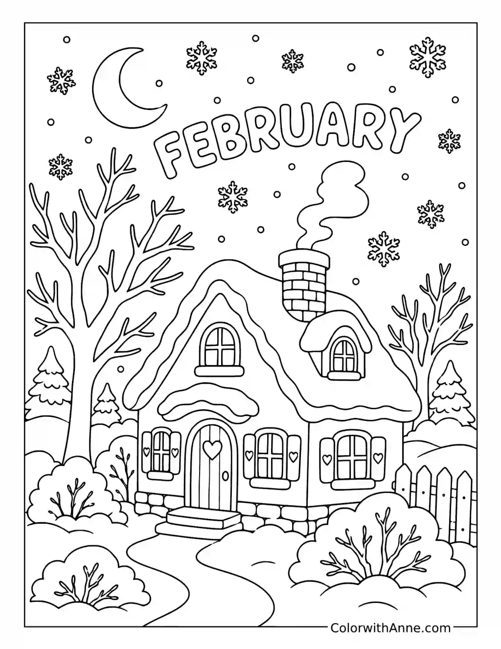February Snowy Cottage under the Moon coloring page