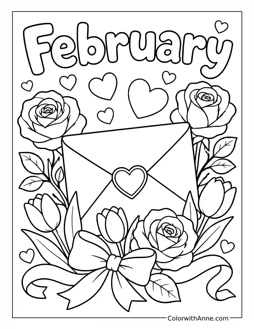 February Valentine Envelope with Roses and Tulips coloring page
