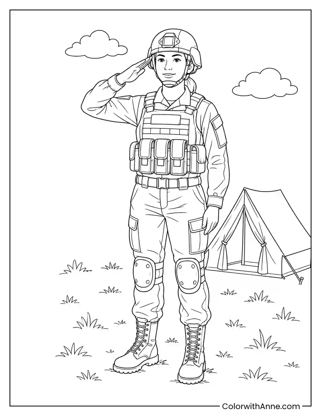 Female Army Soldier Saluting coloring page