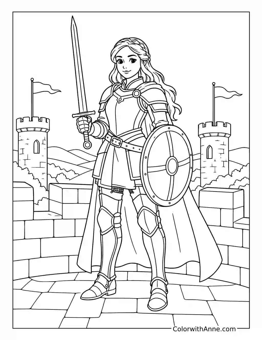 Female Knight on the Castle Battlements coloring page