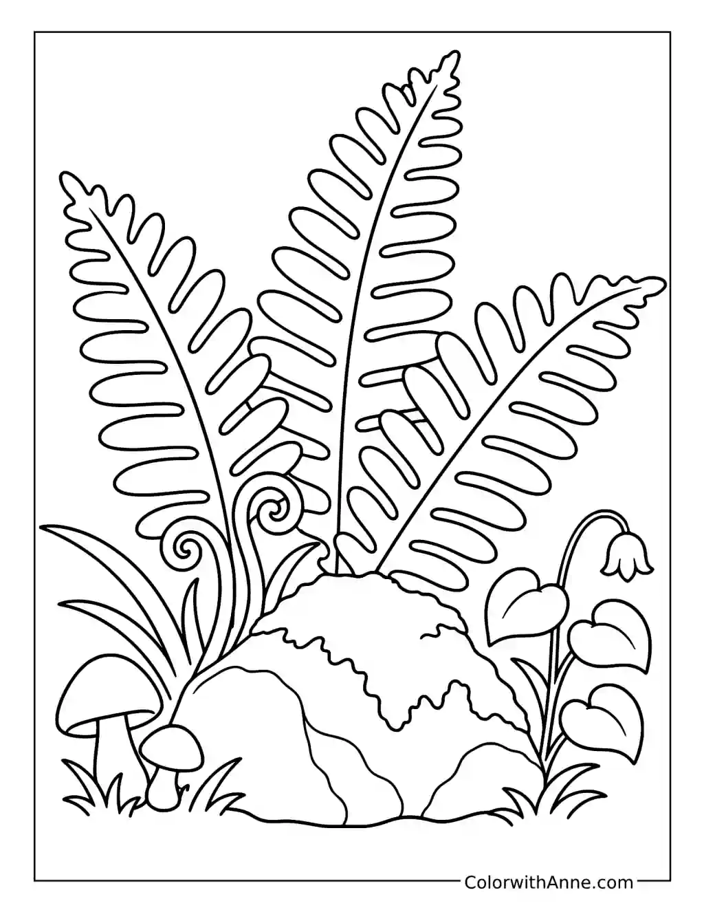 Fern Fronds Growing beside a Mossy Rock coloring page