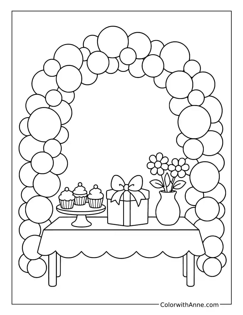Festive Balloon Arch Party Table coloring page