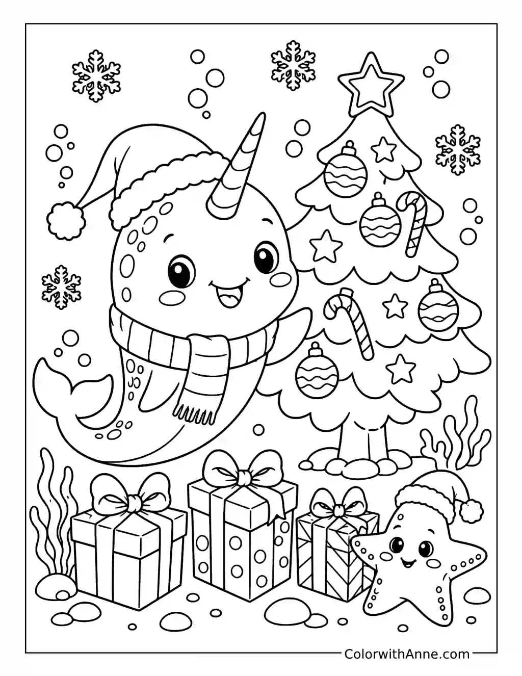 Festive Christmas Narwhal coloring page