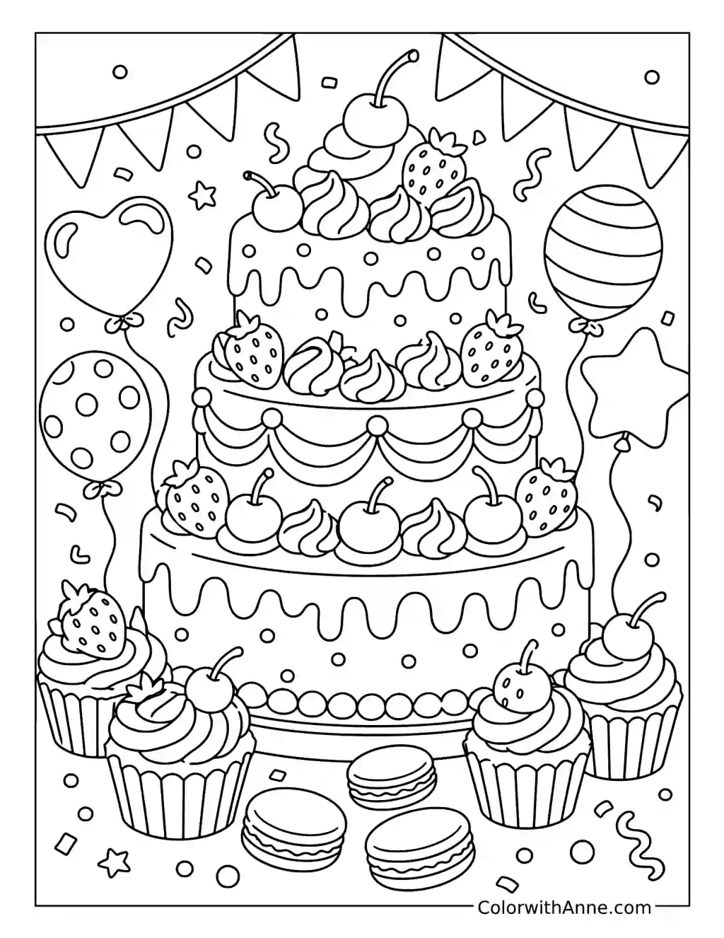 Festive Three-Tier Cake Celebration coloring page