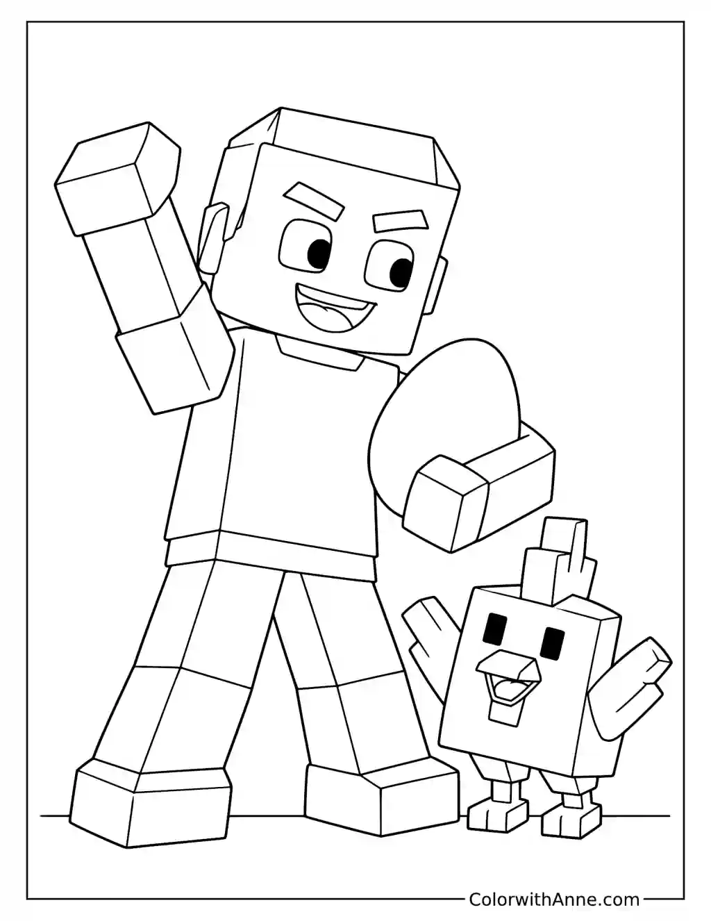 A smiling blocky player runs with one arm raised while a chicken follows through small sparkles.