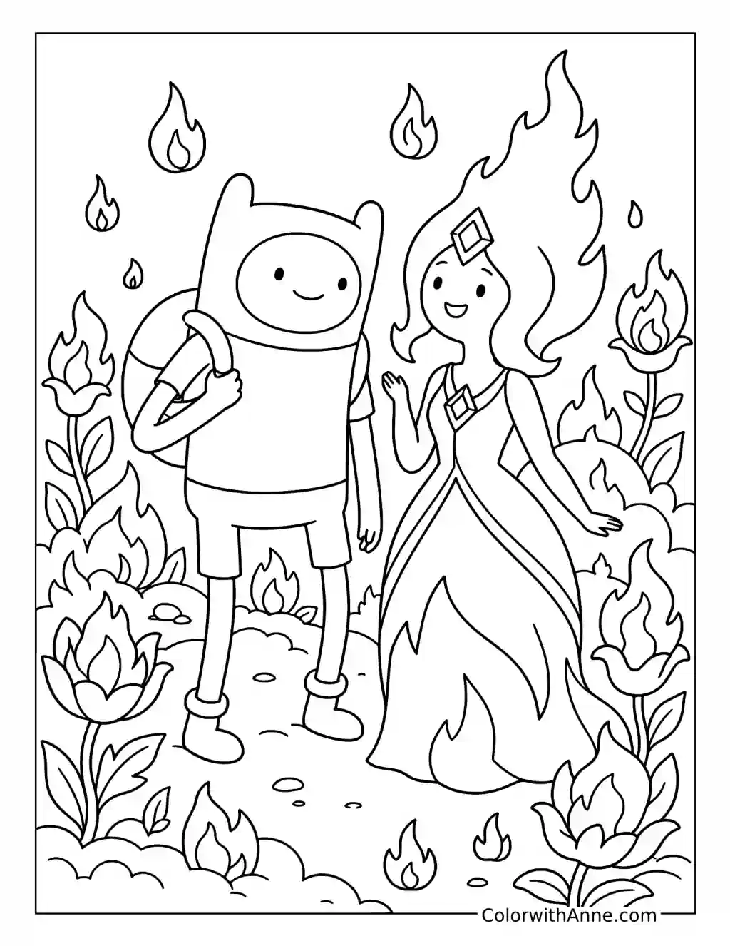 Finn and Flame Princess Together coloring page