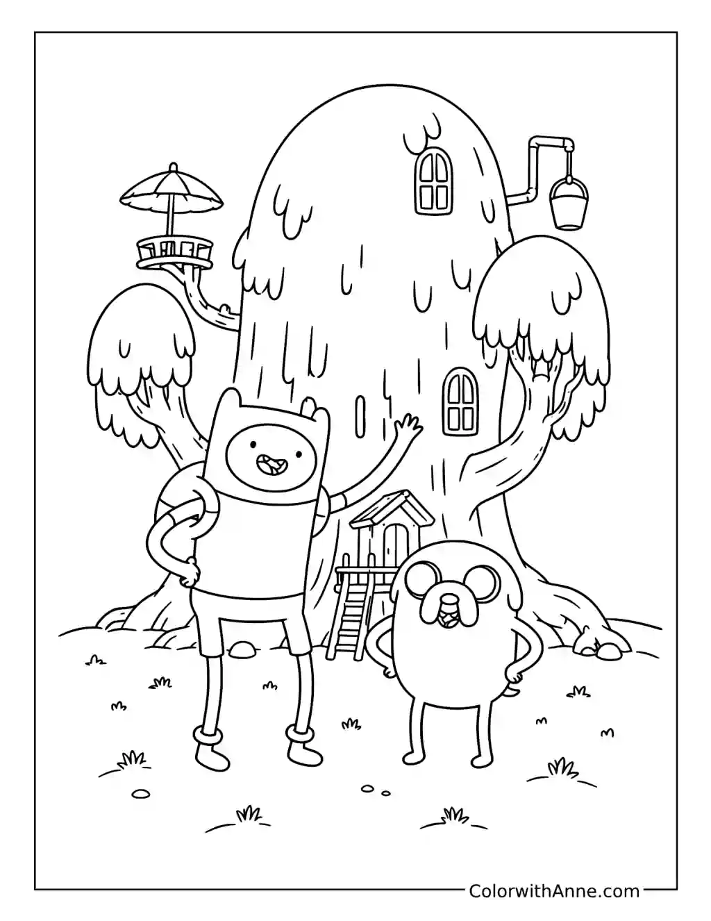 Finn and Jake at the Tree House coloring page