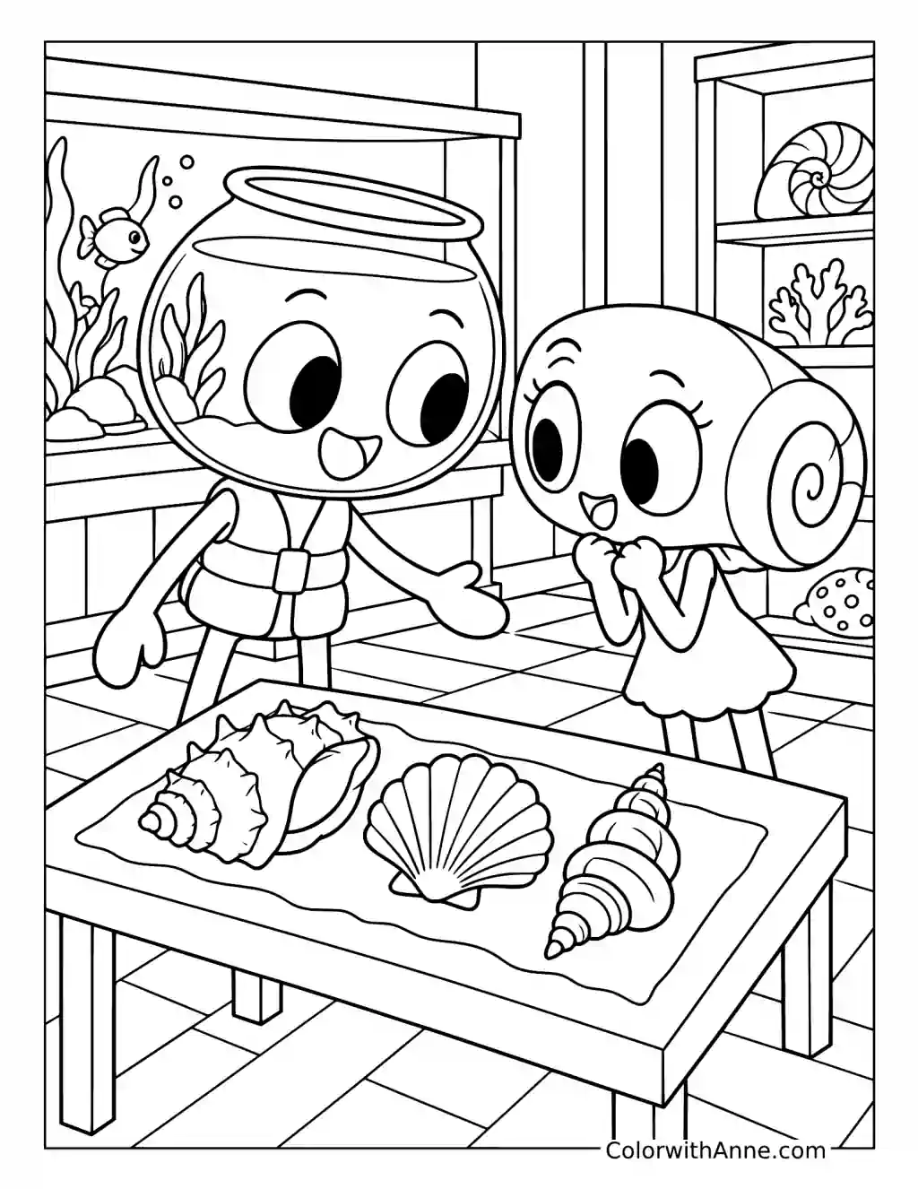 Finn and Shelly examine seashells on a table beside a fish tank and display shelves.