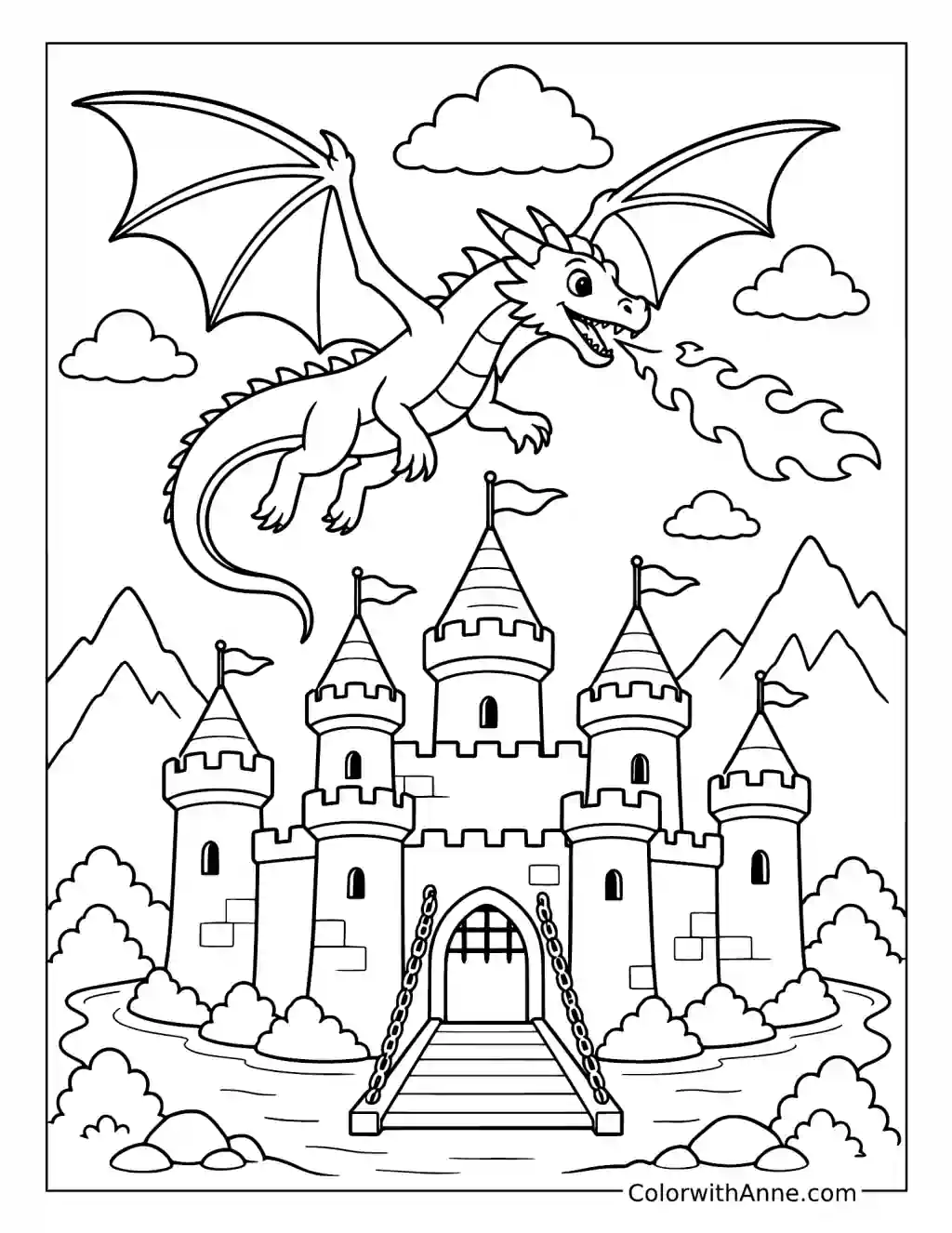 Fire-Breathing Dragon Castle coloring page