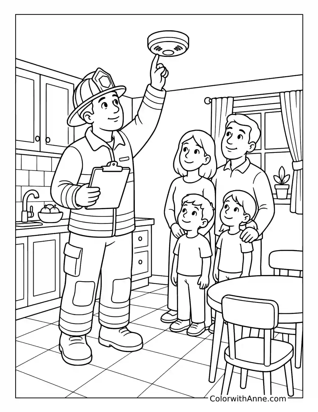 Firefighter Inspecting a Smoke Detector with a Family coloring page
