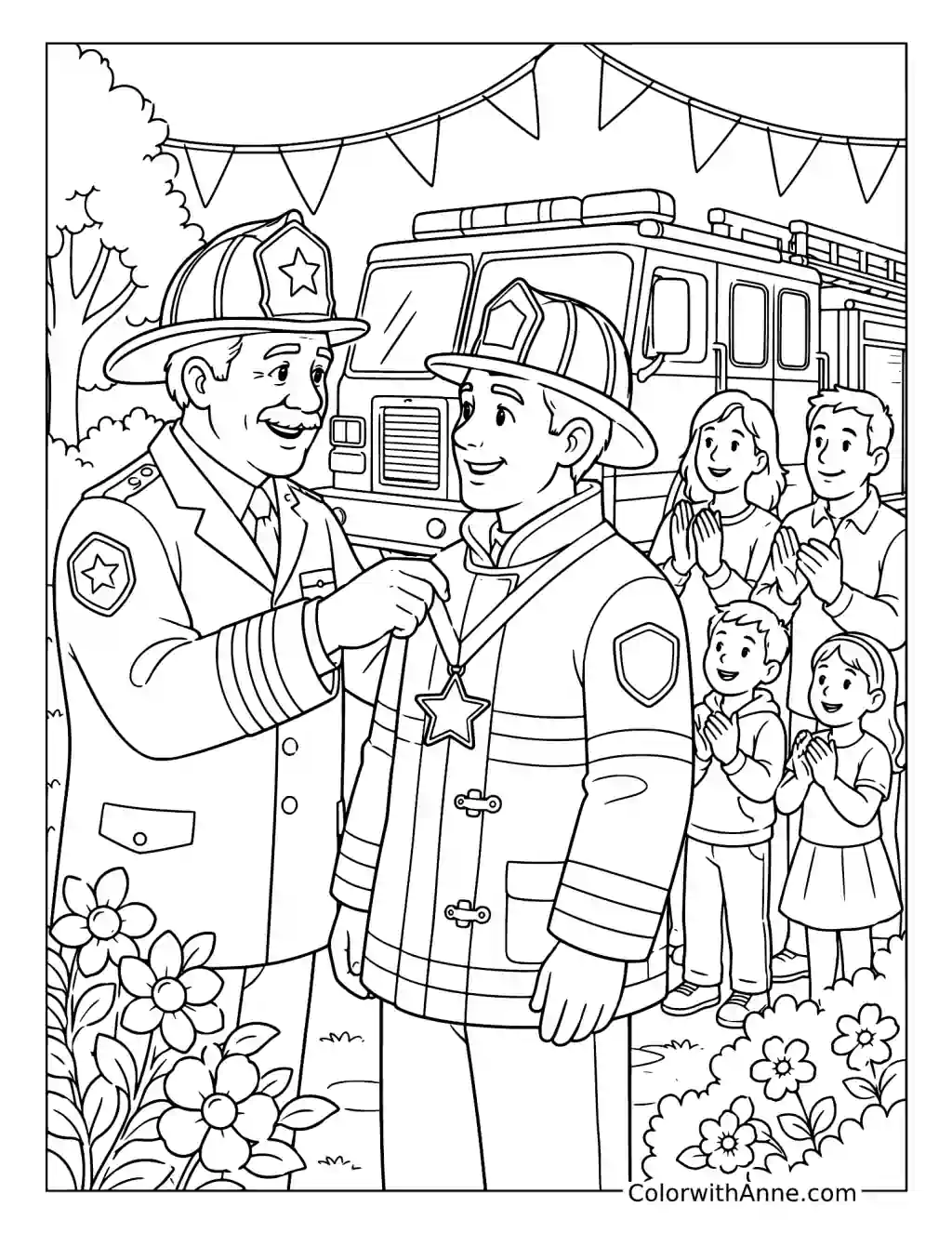 Firefighter Receiving a Medal at a Community Ceremony coloring page