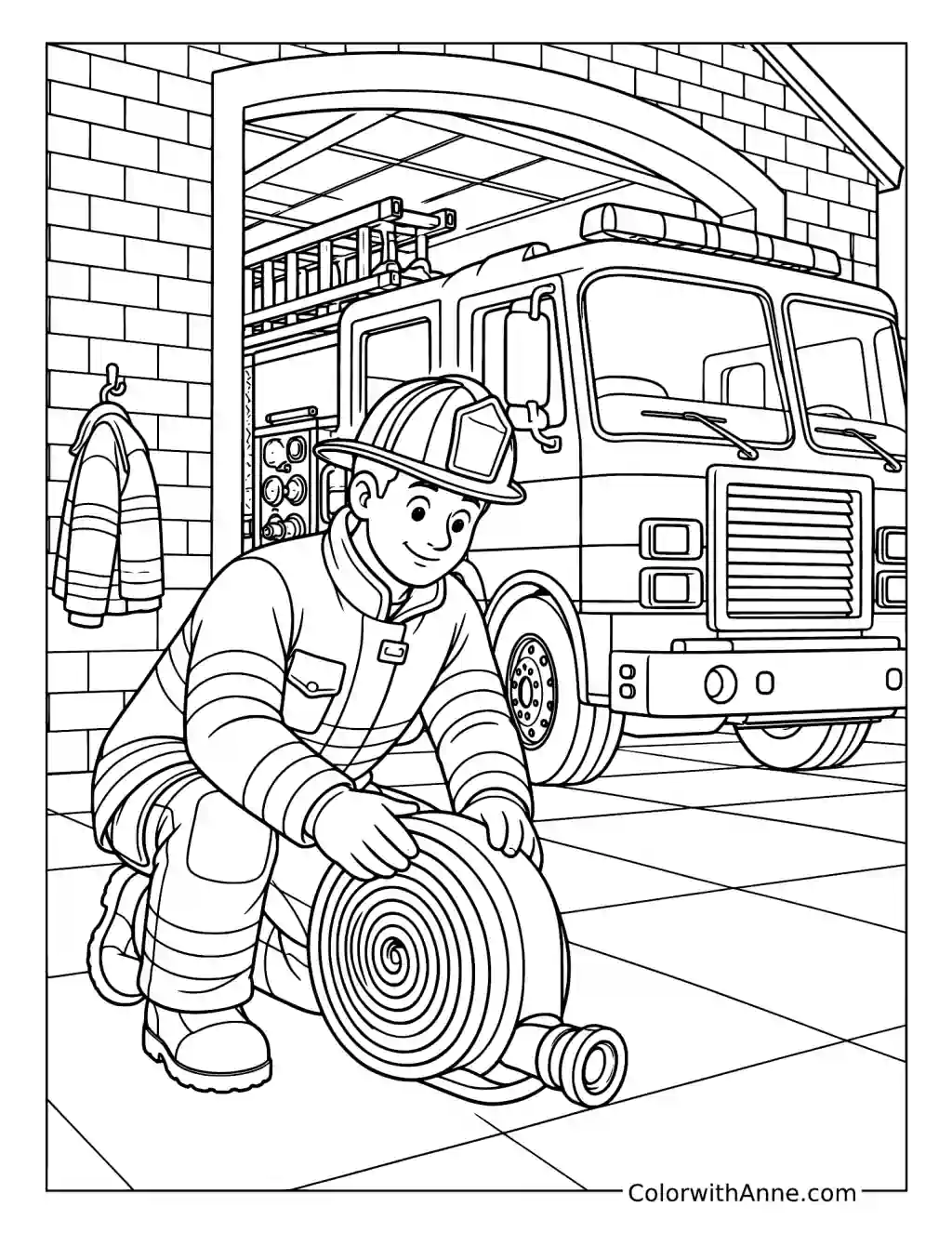 Firefighter Rolling a Fire Hose coloring page