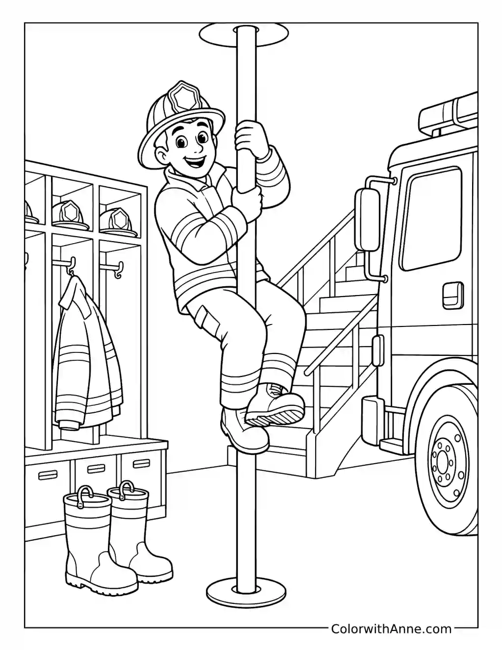 Firefighter Sliding Down a Fire Pole coloring page