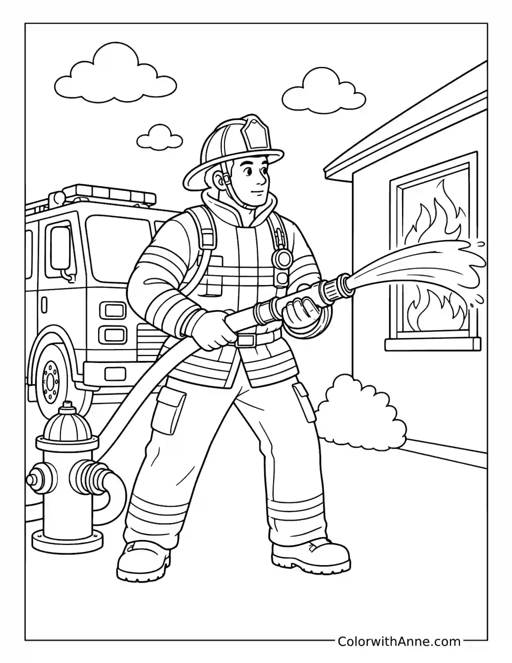 Firefighter Spraying Water at a Window Fire coloring page