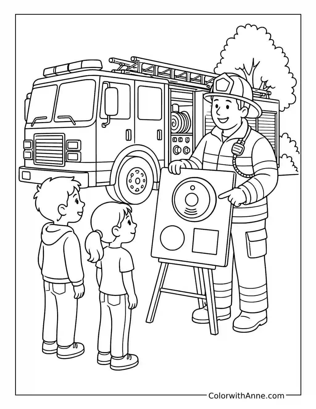 Firefighter Teaching Children About Fire Safety coloring page