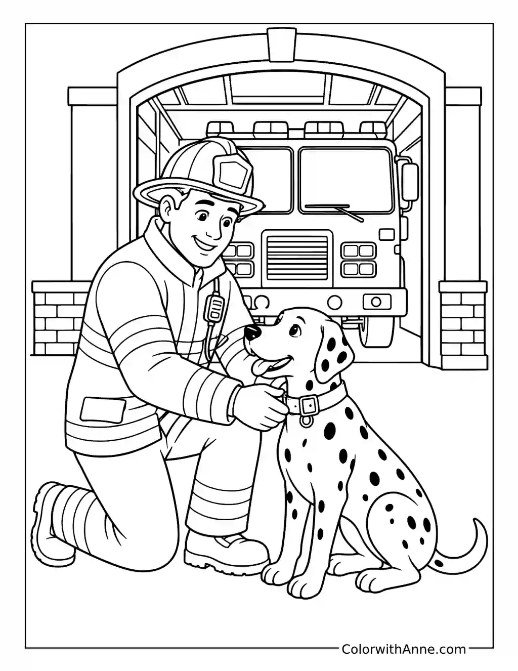 Firefighter with a Dalmatian at the Fire Station coloring page