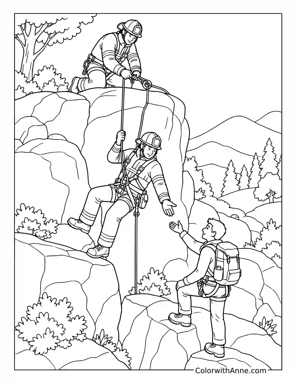 Firefighters Performing a Mountain Rope Rescue coloring page