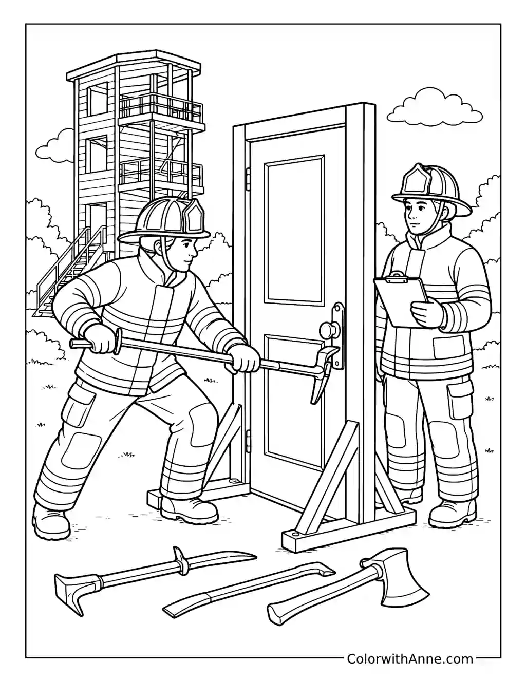 Firefighters Practicing Forcible Entry on a Training Door coloring page