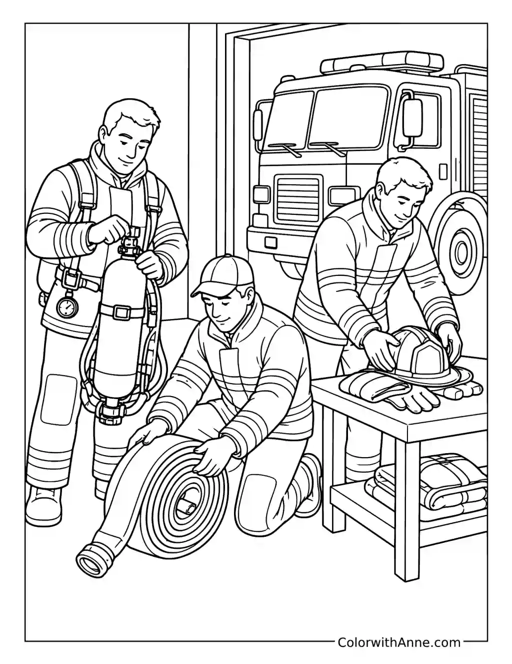 Firefighters Preparing Equipment at the Fire Station coloring page