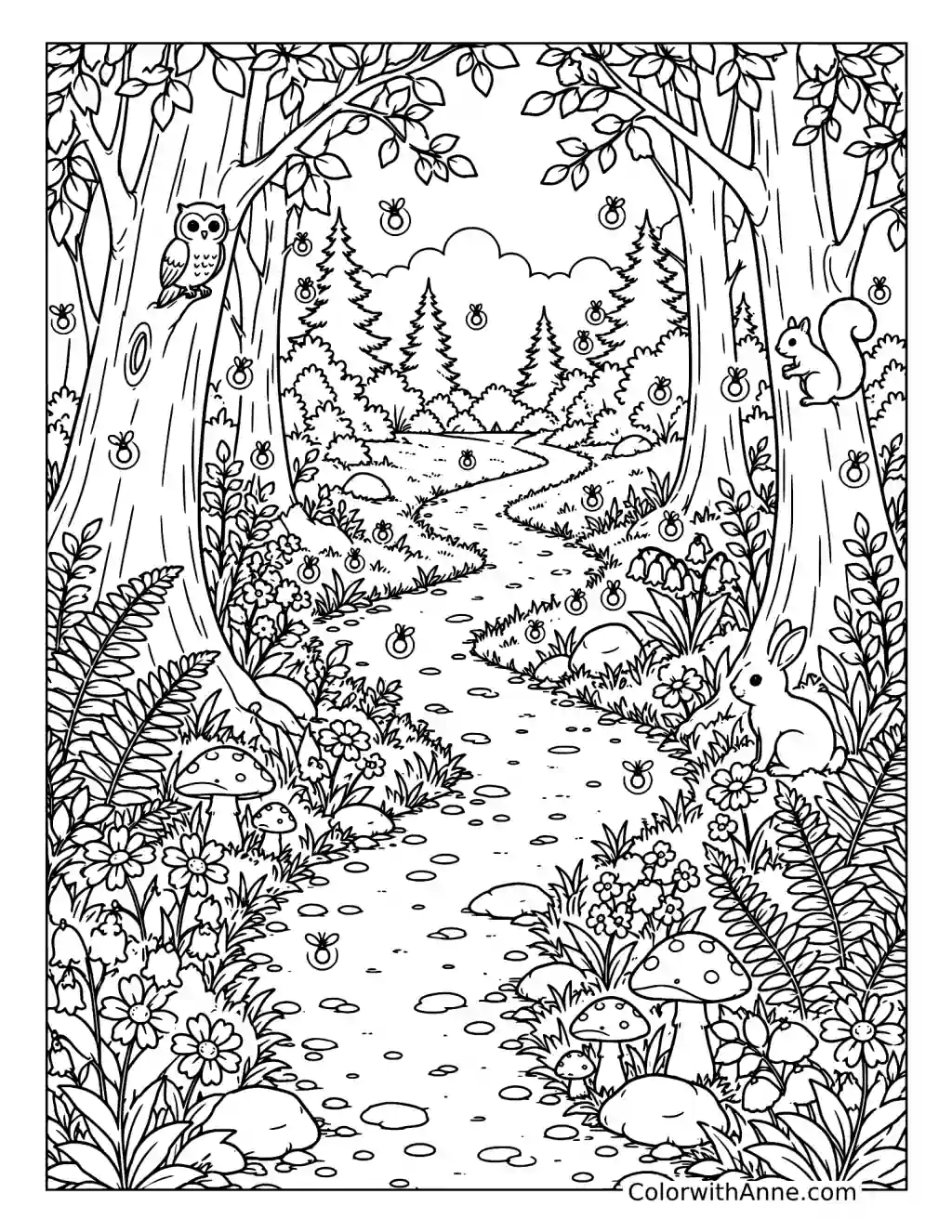 Fireflies Along a Forest Path coloring page