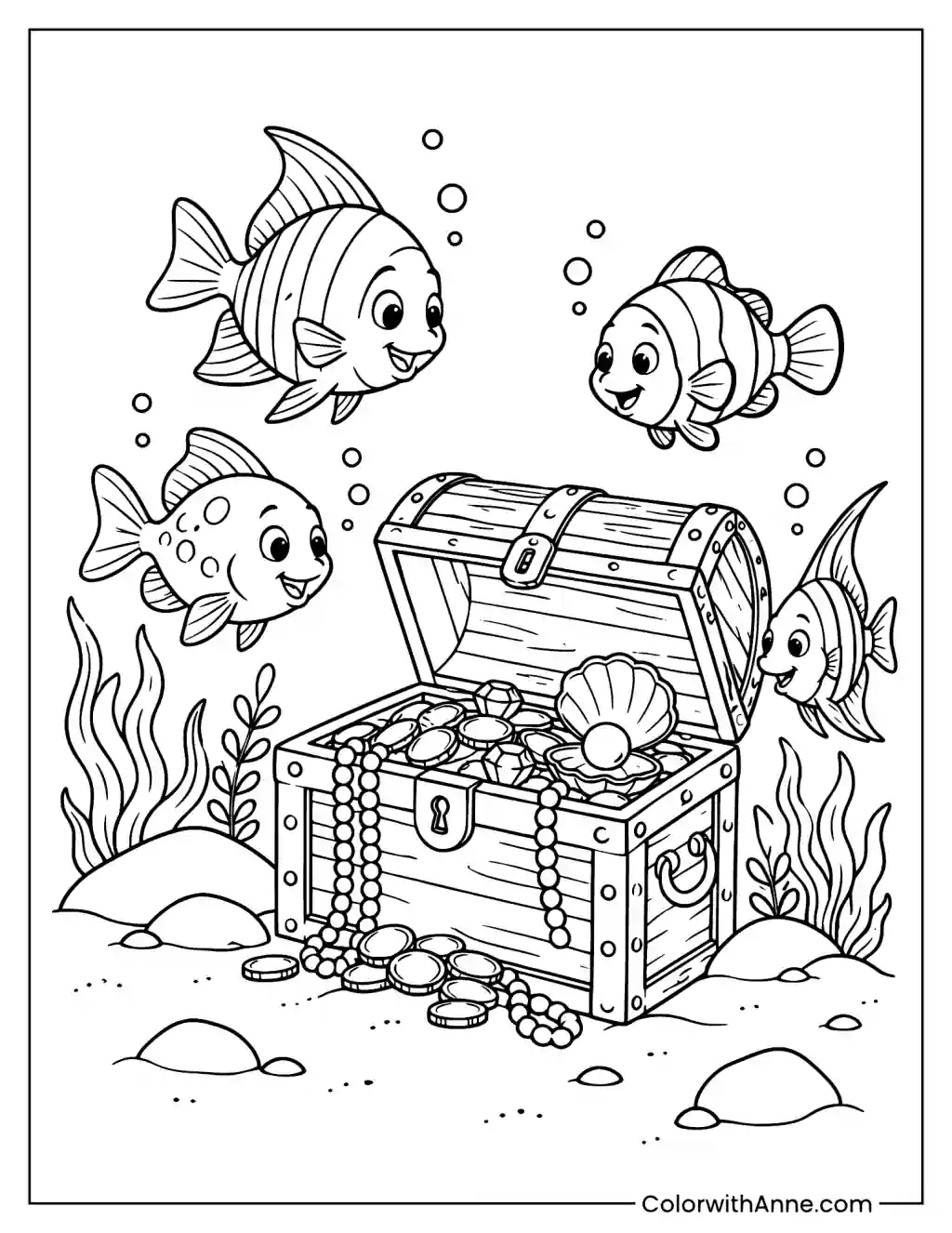 Fish and a Treasure Chest in the Deep Sea Coloring Page