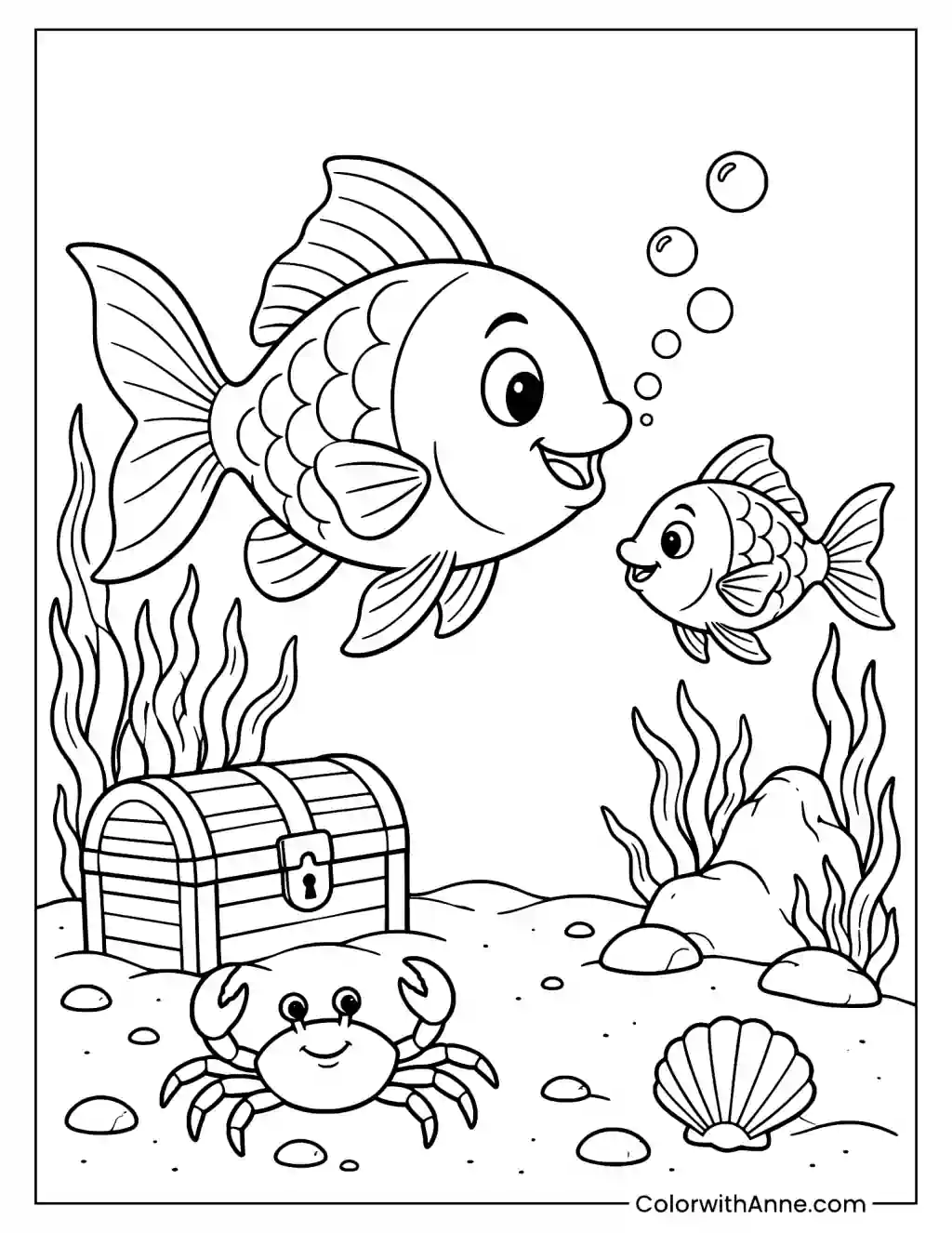 Fish Blowing Bubbles on the Ocean Floor Coloring Page