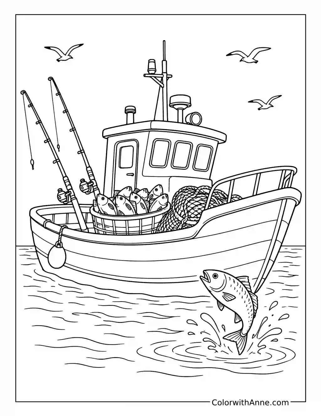 Fishing Boat with a Fresh Catch coloring page