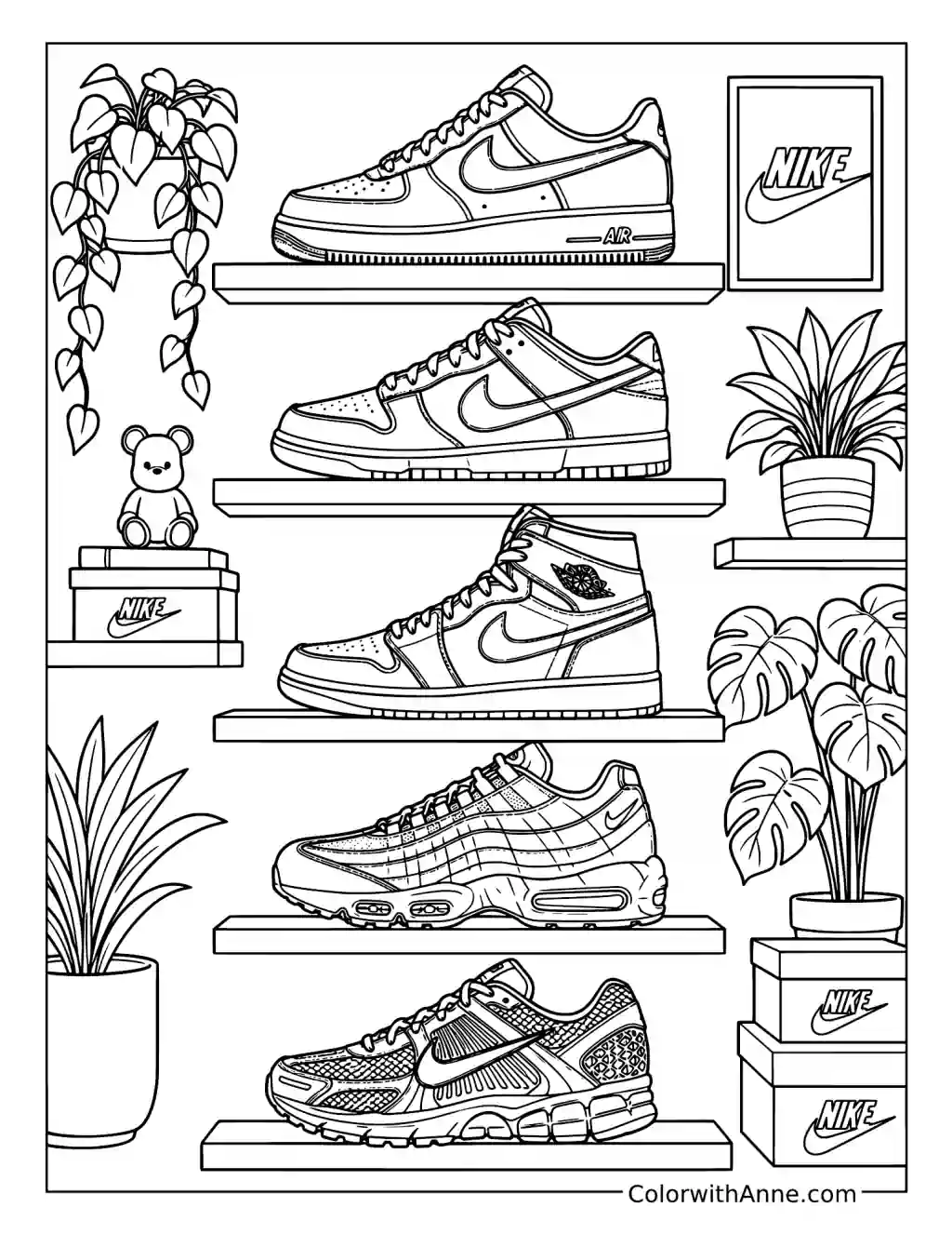 Five Iconic Sneakers on Floating Shelves coloring page