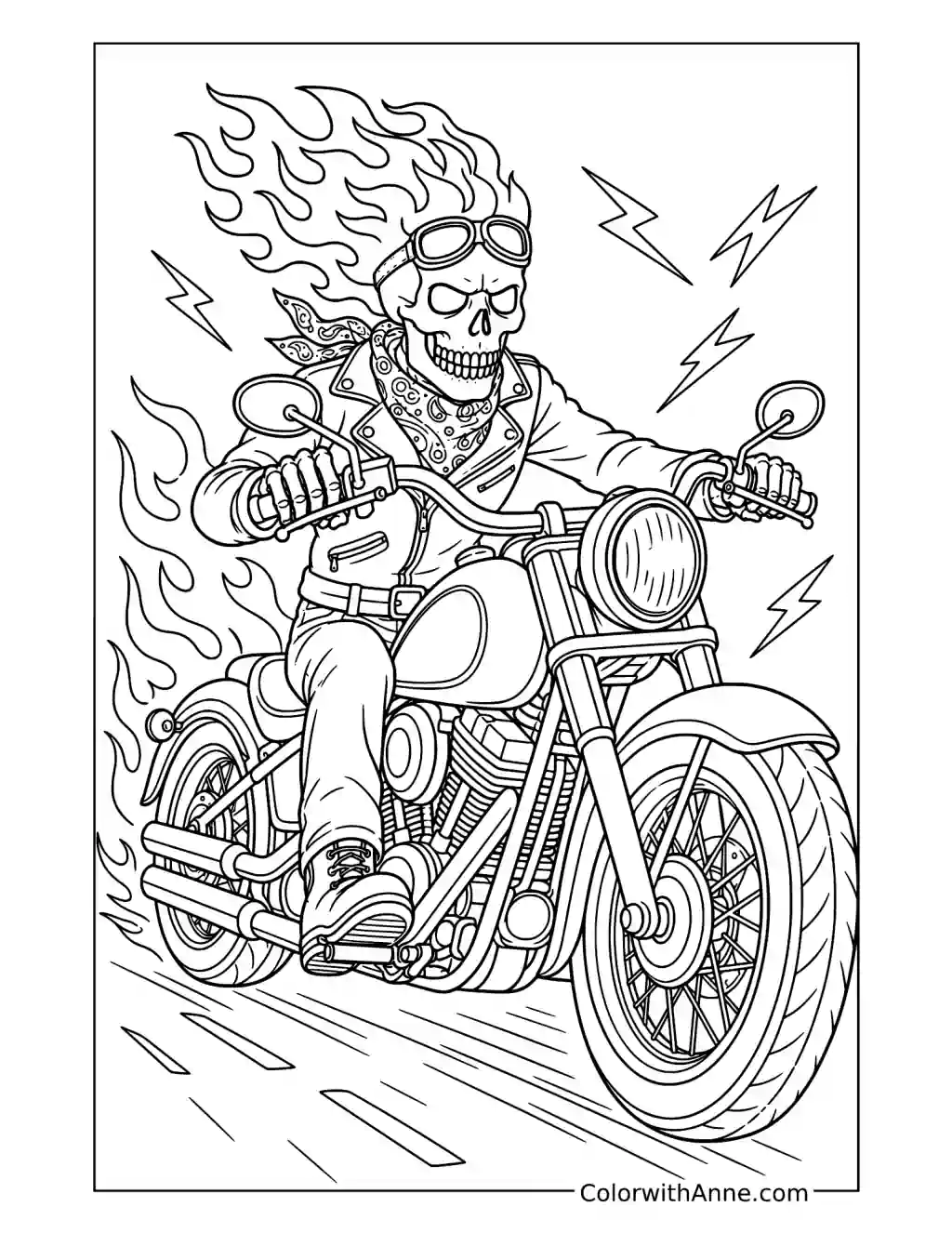 Flaming Skeleton Biker Riding a Motorcycle coloring page