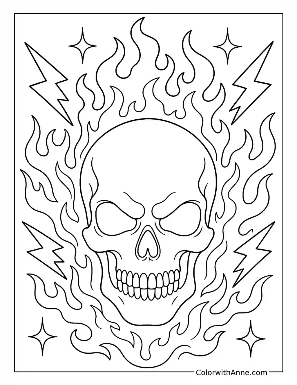 Flaming Skull with Lightning Bolts coloring page
